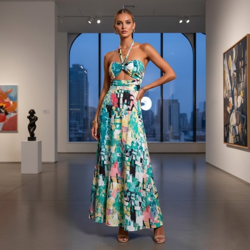 Vacation Allover Print Cut Out Front Ruffle Halter Backless Maxi Dress L 8/ 10